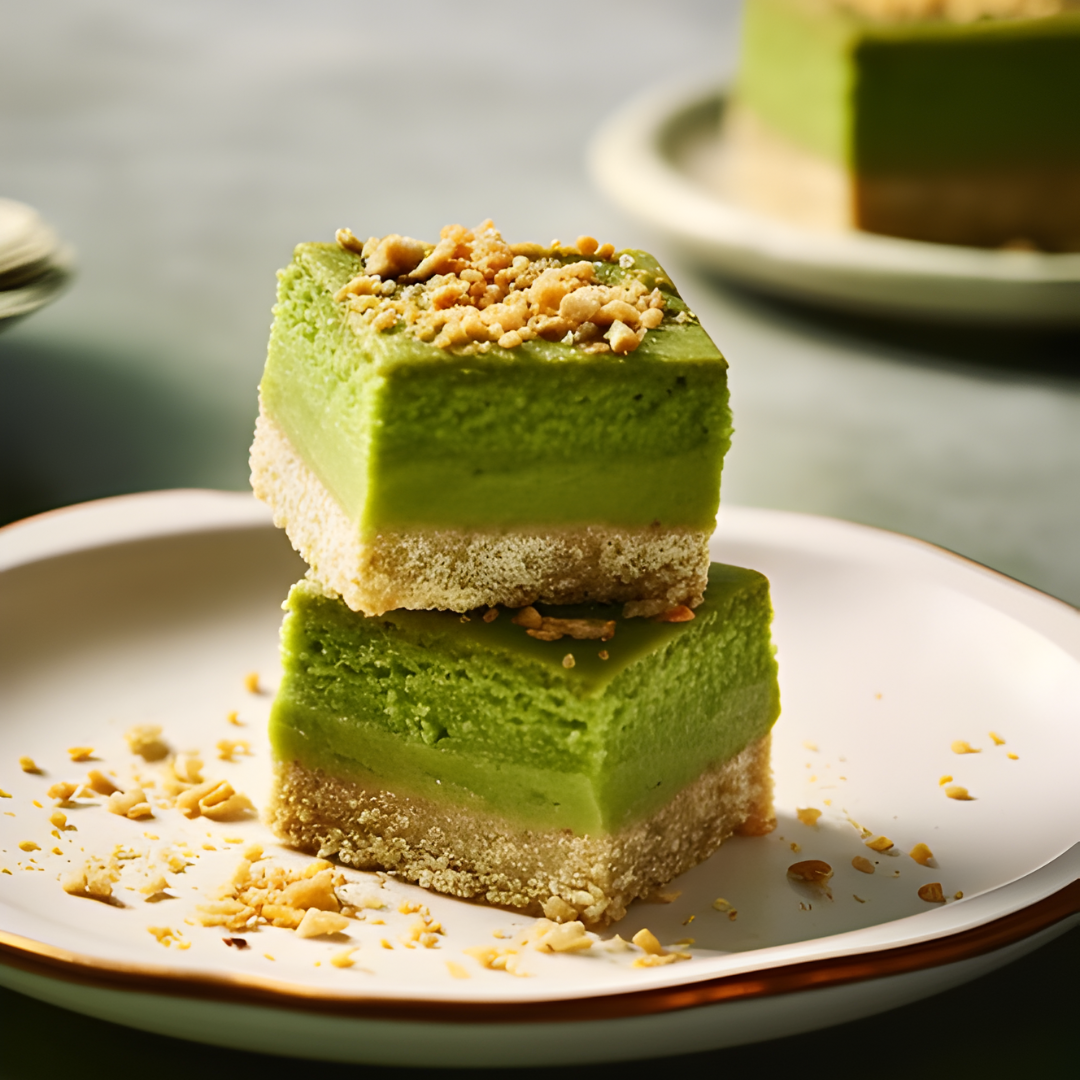 Pastel cuadrado de matcha japonés con base de galleta y crumble encima, servido en plato blanco.
