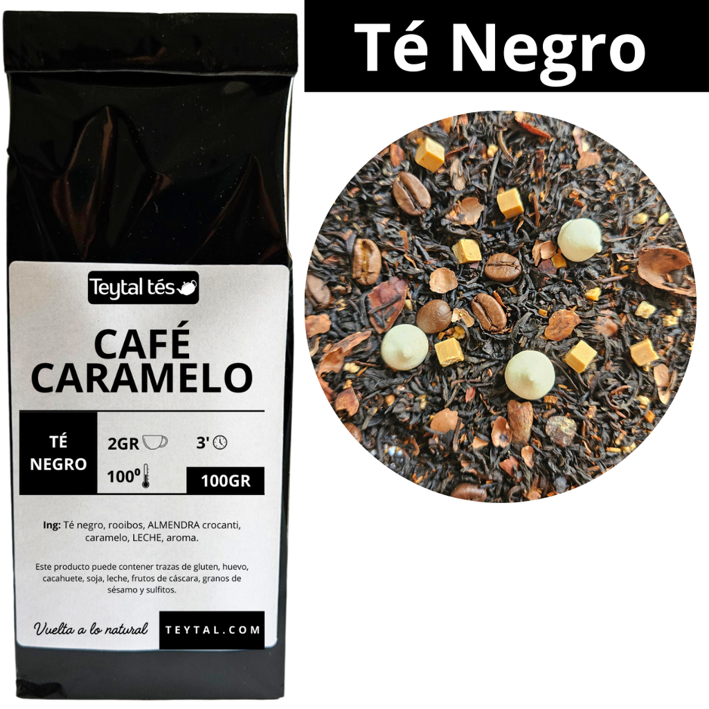 Bolsa negra de té negro Café y Caramelo 100g con mezcla visible de hojas y trozos caramelizados, vainilla y cacao.