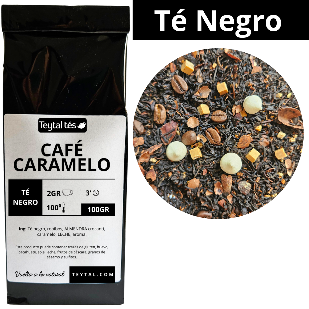 Bolsa negra de té negro Café y Caramelo 100g con mezcla visible de hojas y trozos caramelizados, vainilla y cacao.