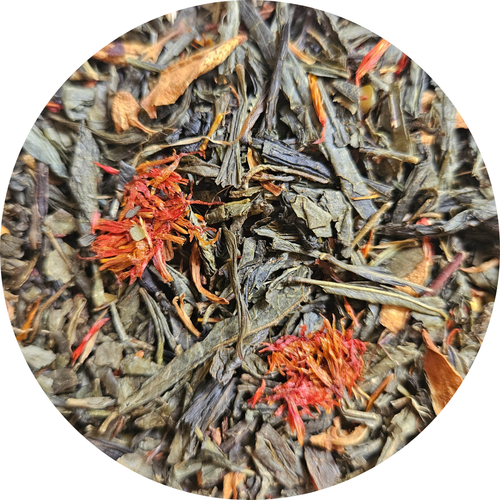 Hojas de té verde con canela y flores de azahar en tonos verdes y naranjas.