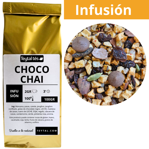 Bolsa dorada de infusión Choco Chai 100g con mezcla visible de especias y trozos de chocolate.