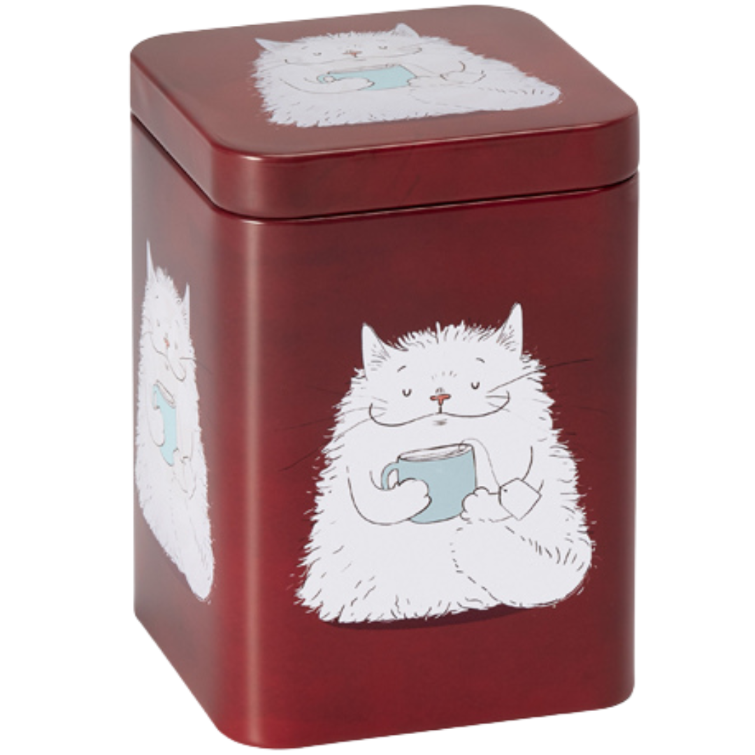 Lata metálica roja con ilustraciones de gato blanco sosteniendo taza, diseño divertido y acogedor.