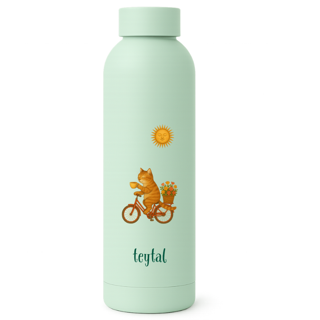 Termo verde menta con diseño de gato en bicicleta y flores, logo Teytal en la base.