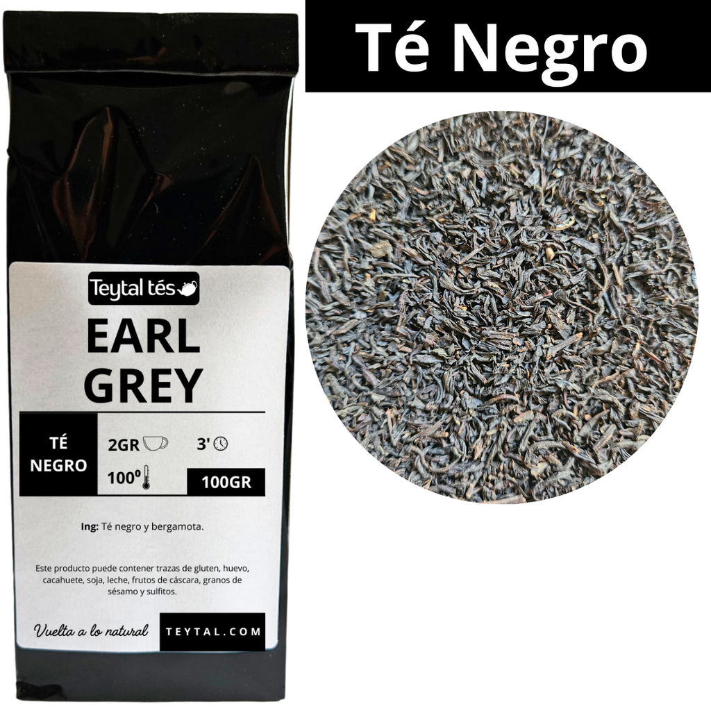 Bolsa negra de té negro Earl Grey de 100 gramos con etiqueta blanca y detalles en negro, mostrando hojas de té sueltas y.