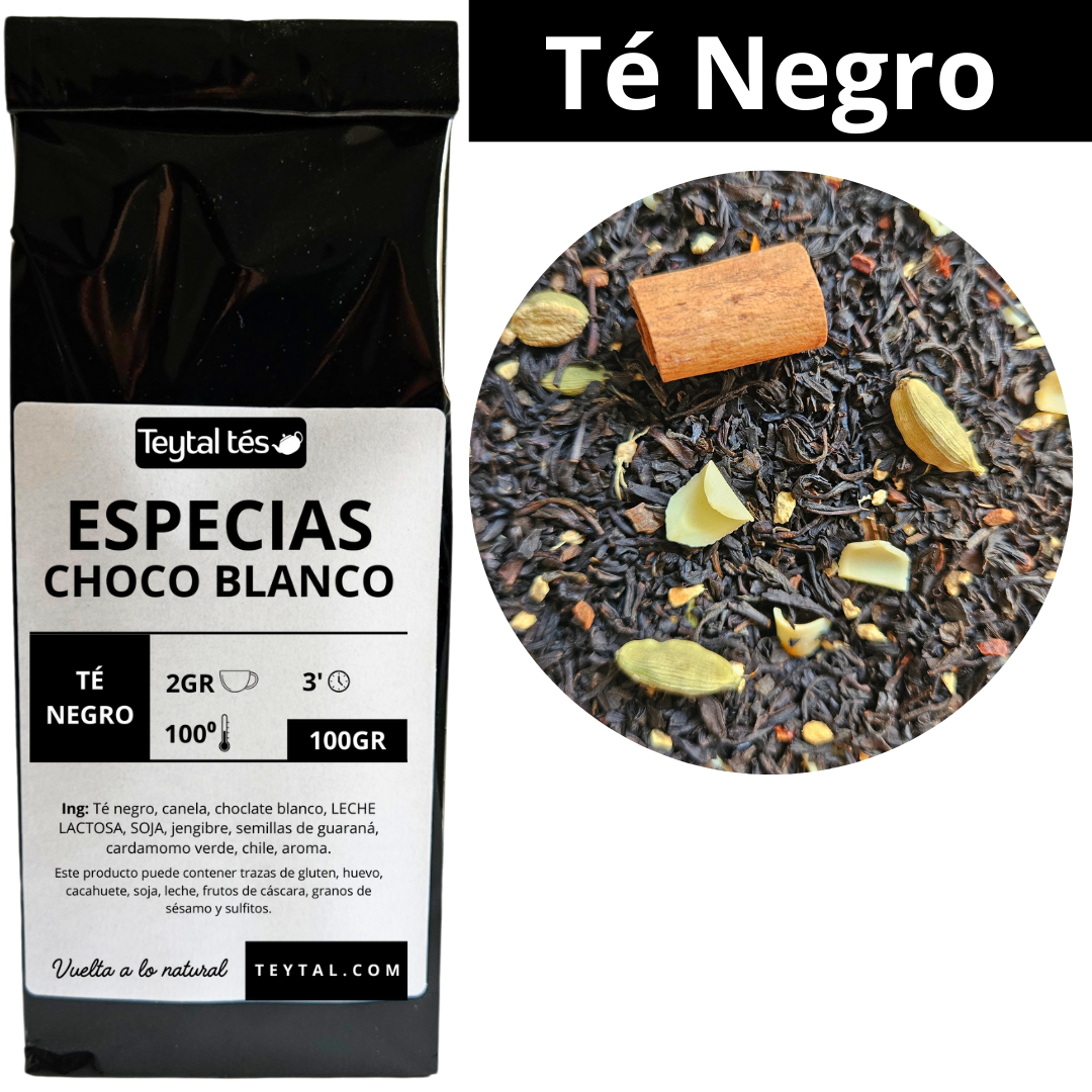 Bolsa negra de té negro con especias y chocolate blanco, etiqueta blanca con texto negro, mezcla con canela y cardamomo.