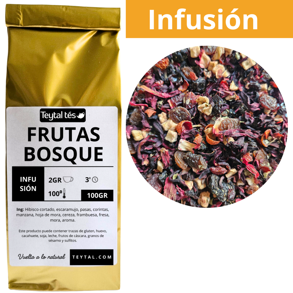 Bolsa dorada de infusión Frutas del Bosque 100gr con mezcla visible de frutas secas y pétalos coloridos.