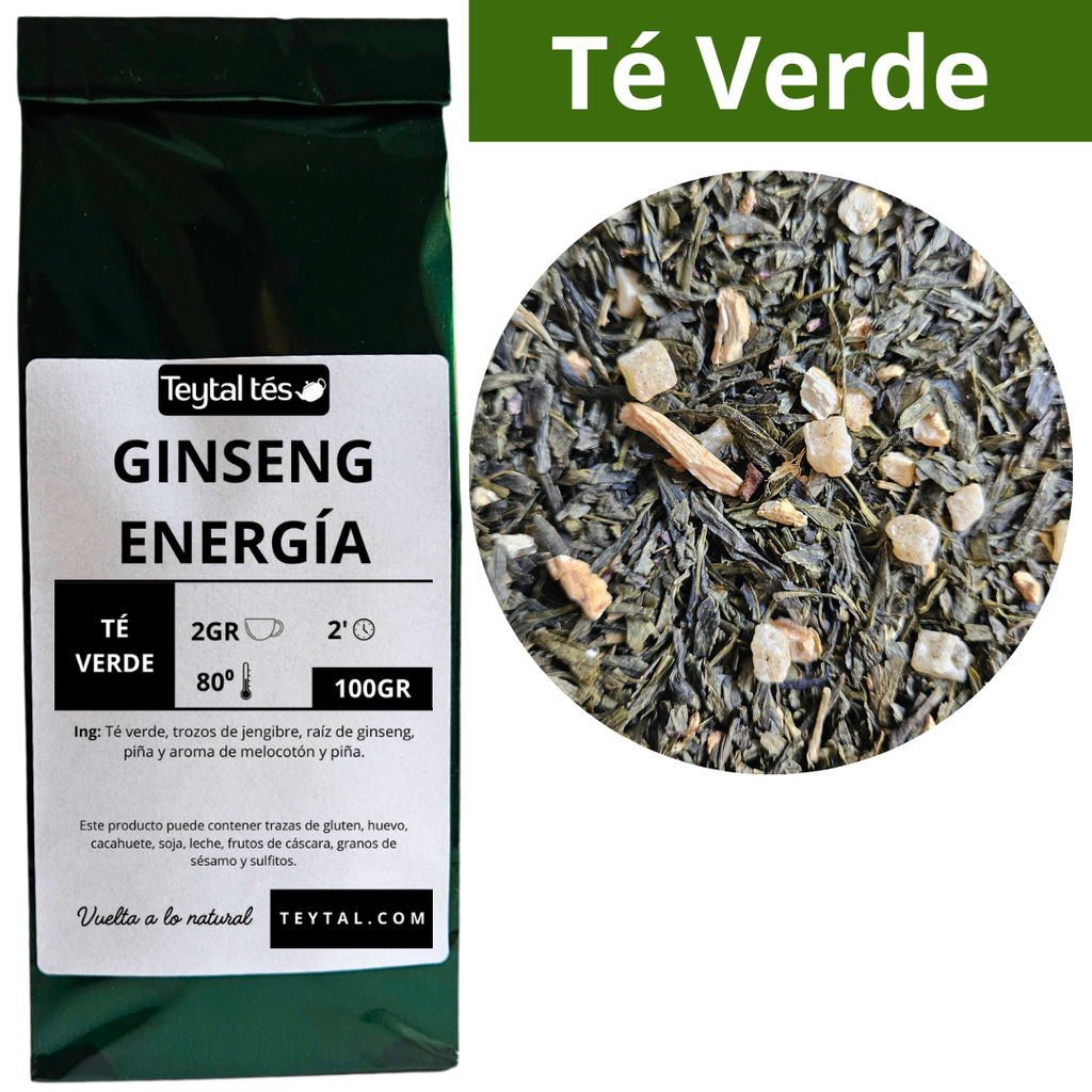 Bolsa verde oscuro de té verde Ginseng Energía 100 g con etiqueta blanca y círculos con hojas y trozos de raíz visible.