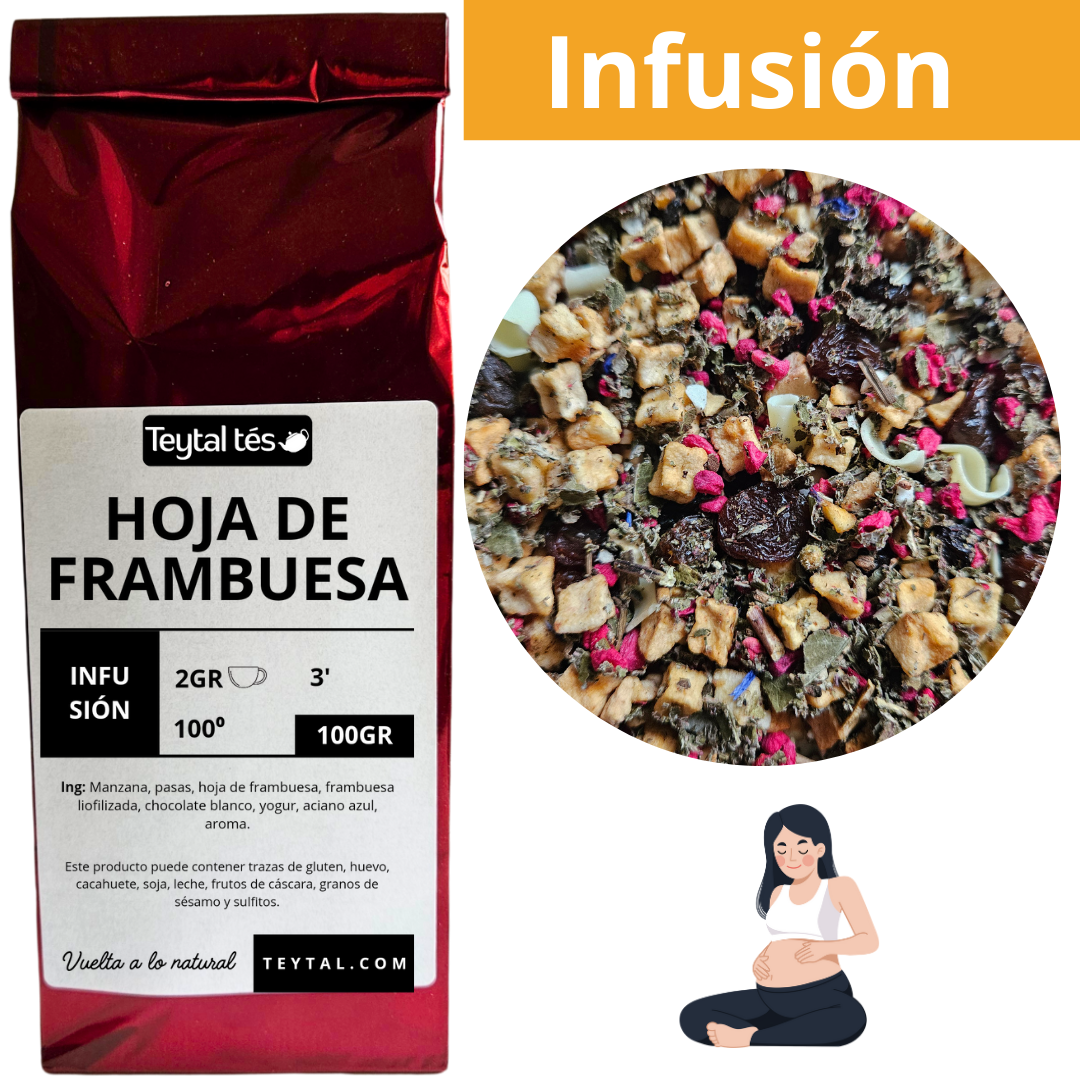Bolsa roja metálica de 100g de infusión hoja de frambuesa con etiqueta blanca y texto negro, muestra mezcla de frutos secos.