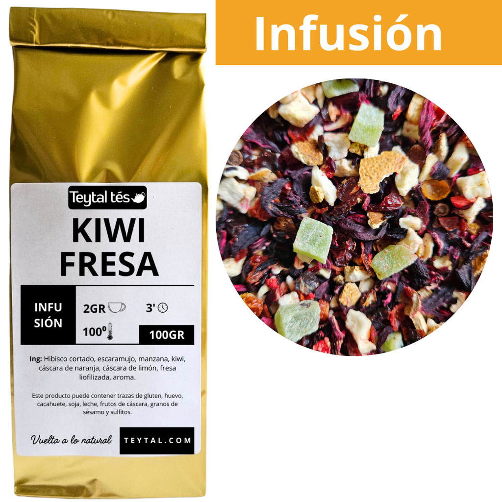 Bolsa dorada de infusión Kiwi Fresa 100g con mezcla visible de frutas y flores secas de colores brillantes.