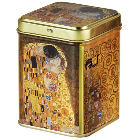 Lata metálica dorada decorada con detalles del cuadro "El Beso" de Klimt en tonos dorados y marrones.