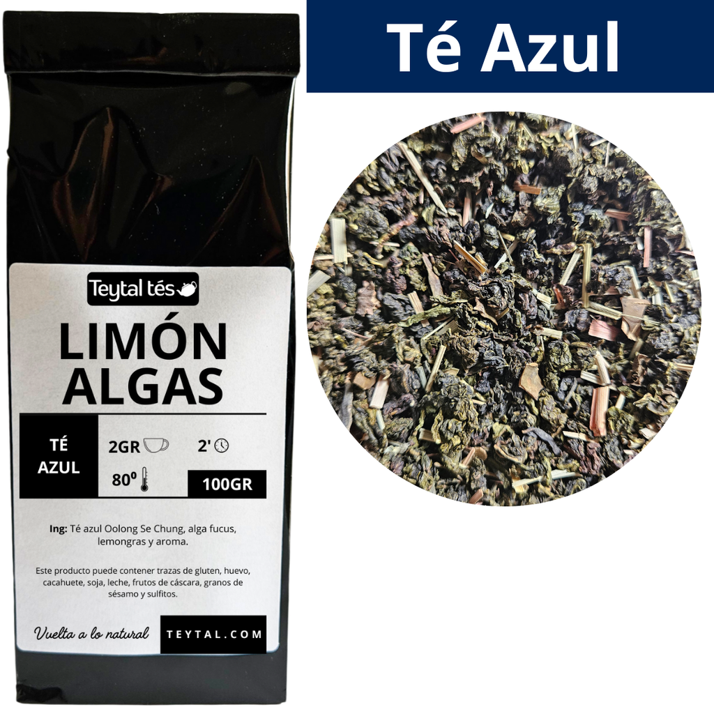 Paquete negro de té Limón y Algas de 100 gramos con etiqueta blanca y texto negro.