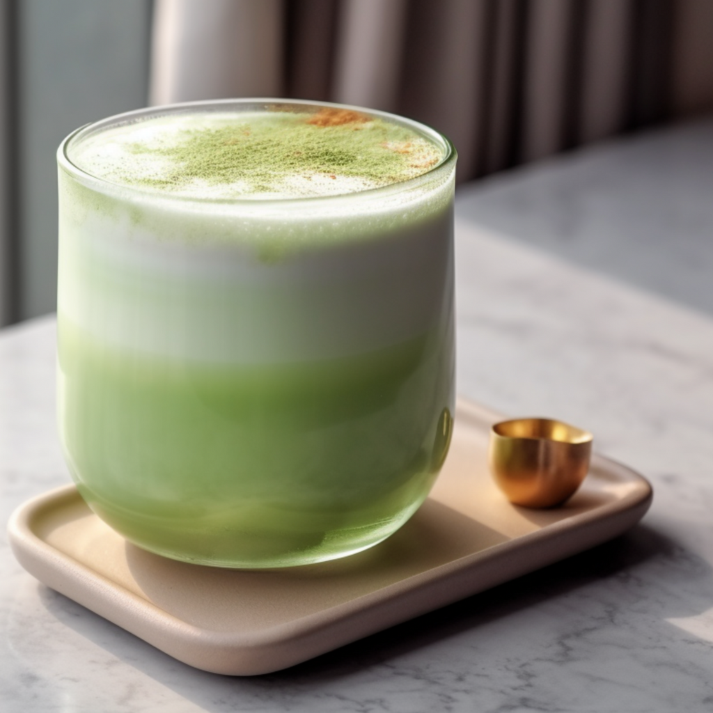 Vaso transparente con matcha latte verde cremoso sobre plato beige con cucharita dorada.