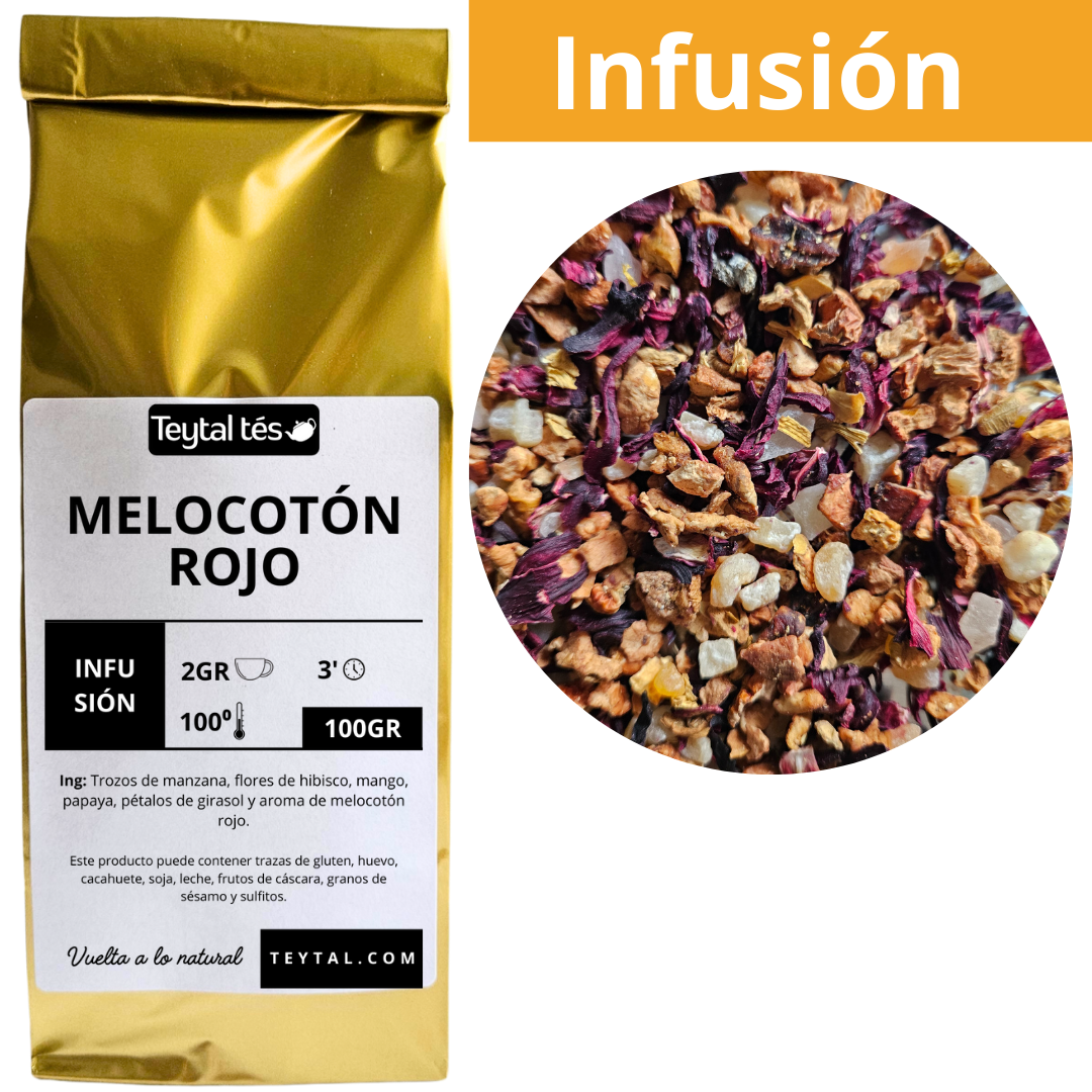 Bolsa dorada de infusión Melocotón Rojo de 100g con mezcla visible de frutas secas y flores coloridas.