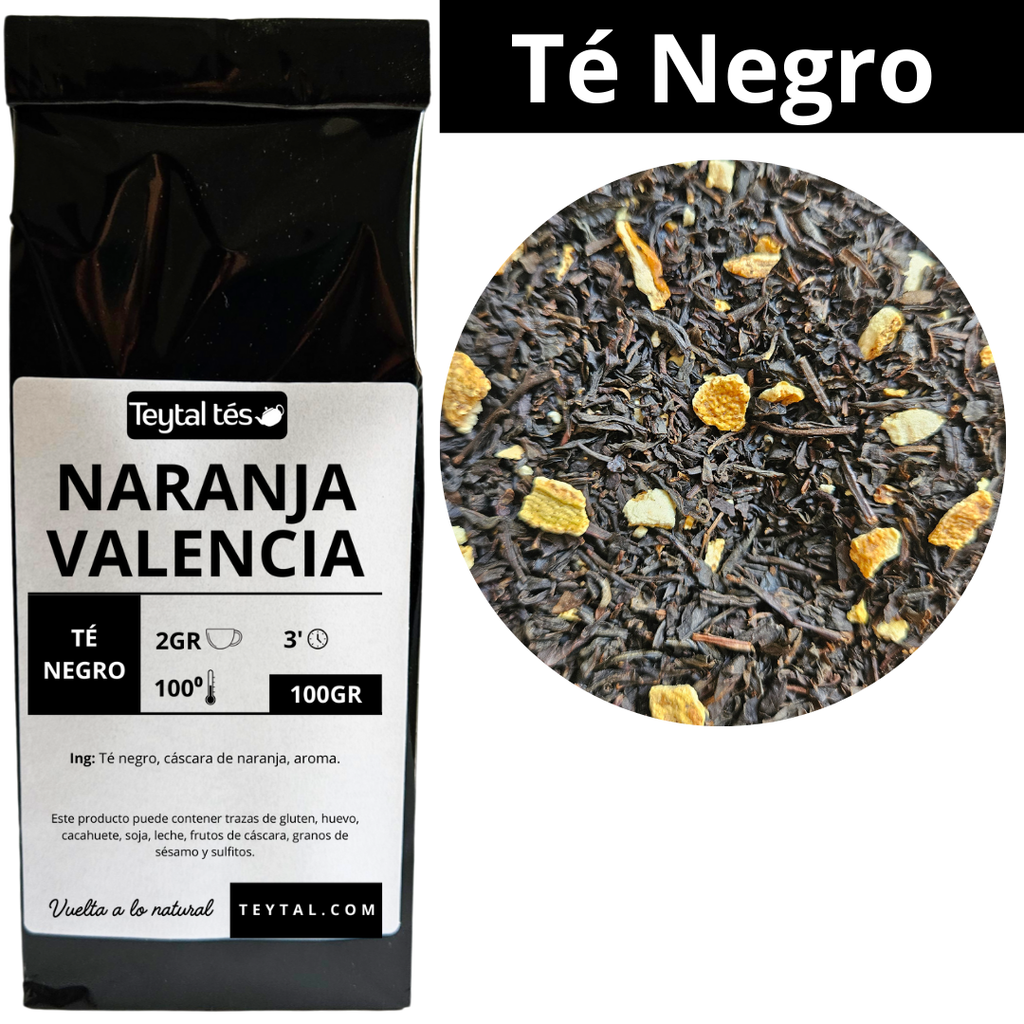 Bolsa negra de té negro Naranja Valencia de 100g con etiqueta blanca y detalles en negro y naranja.
