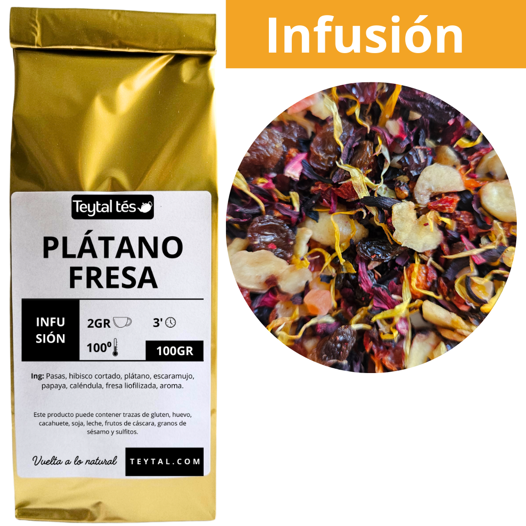 Bolsa dorada de infusión Plátano y Fresa con mezcla colorida de frutas secas y flores.