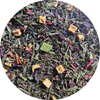Mezcla de té rojo y verde con trozos secos de frutas y pétalos coloridos.