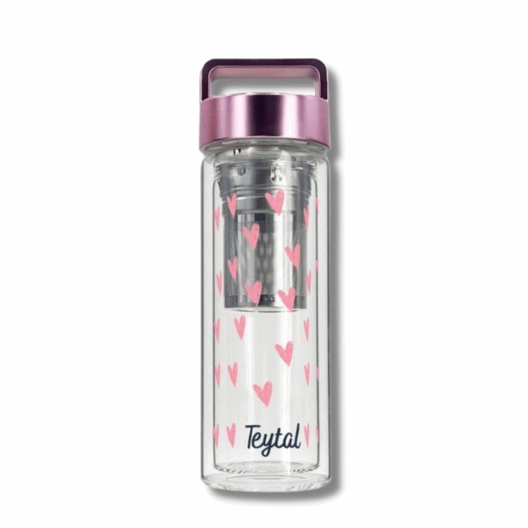 Termo transparente de 350ml con corazones rosas y tapa metálica rosada con asa.