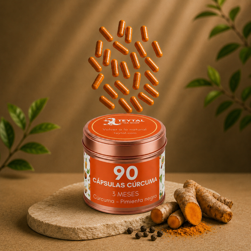 Envase naranja de 90 cápsulas de cúrcuma antiflamatorias junto a cúrcuma fresca y polvo sobre base circular de piedra.