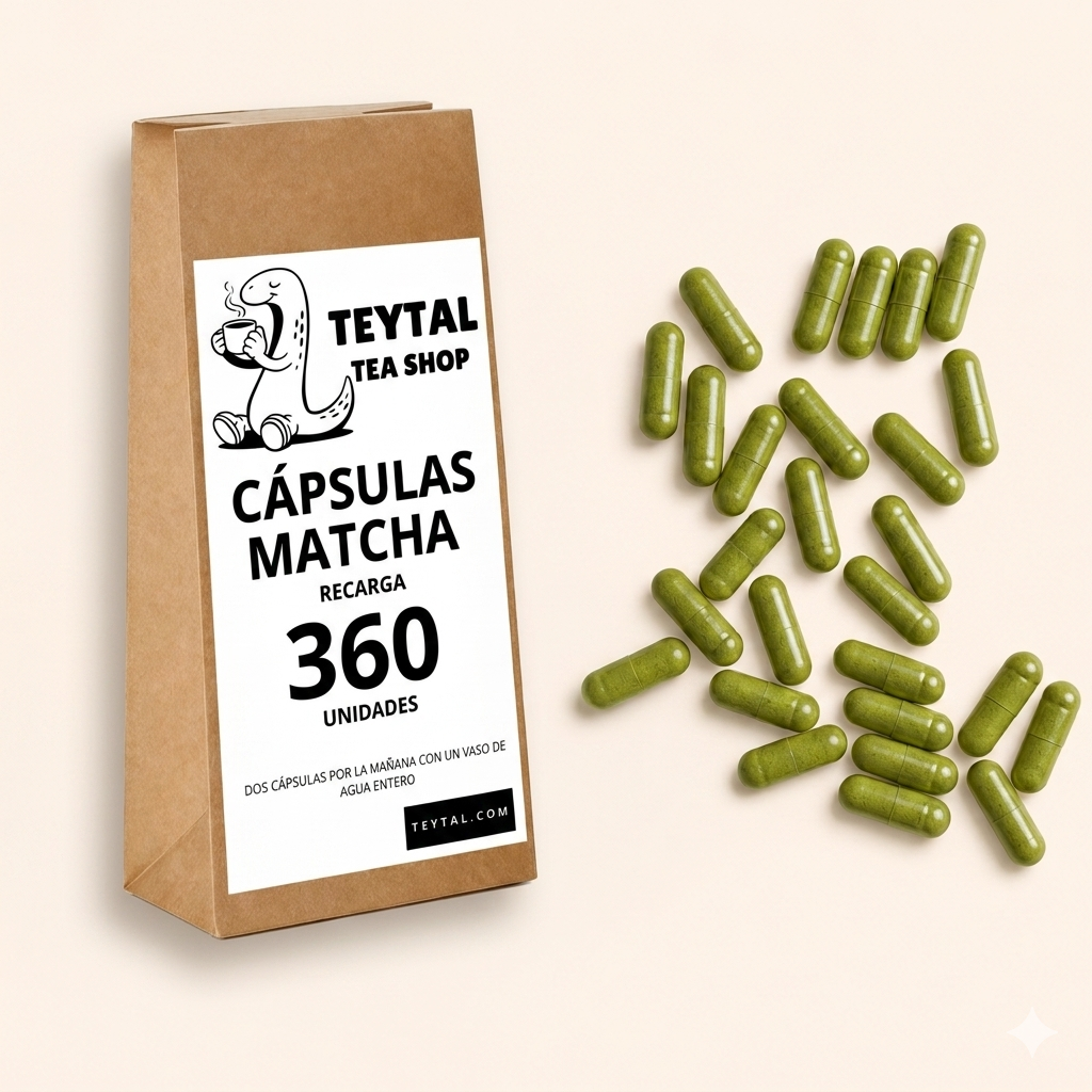 Bolsa de cápsulas verdes de matcha con etiqueta blanca y negra de Teytal Tea Shop, 360 unidades visibles.