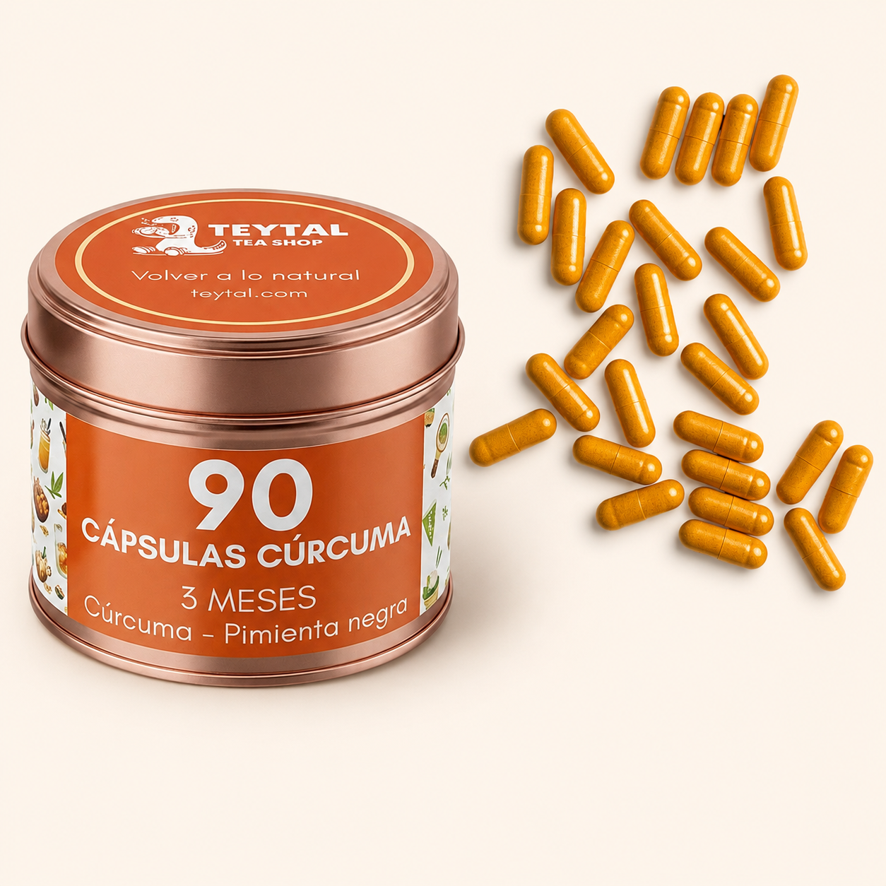 Envase metálico cobre con etiqueta naranja de 90 cápsulas de cúrcuma y cápsulas naranjas dispersas.