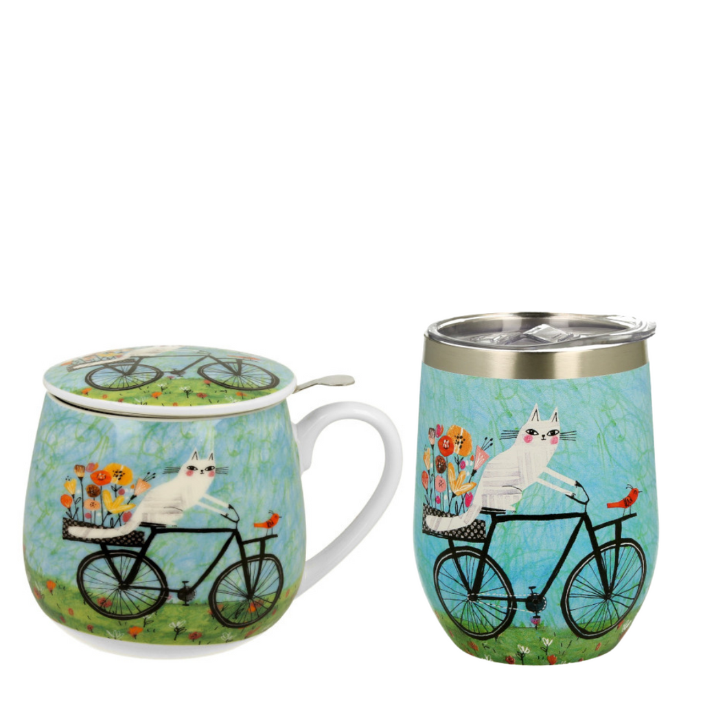 Taza de cerámica con diseño de gato en bicicleta, tapa y filtro metálico, capacidad 400ml.