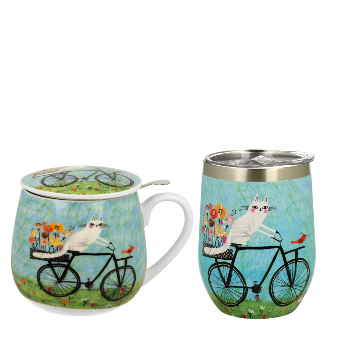 Taza de cerámica con diseño de gato en bicicleta, tapa y filtro metálico, capacidad 400ml.