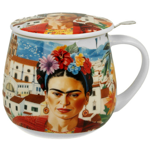 Taza cerámica con diseño colorido de Frida Kahlo, incluye tapa y filtro, capacidad 400ml.