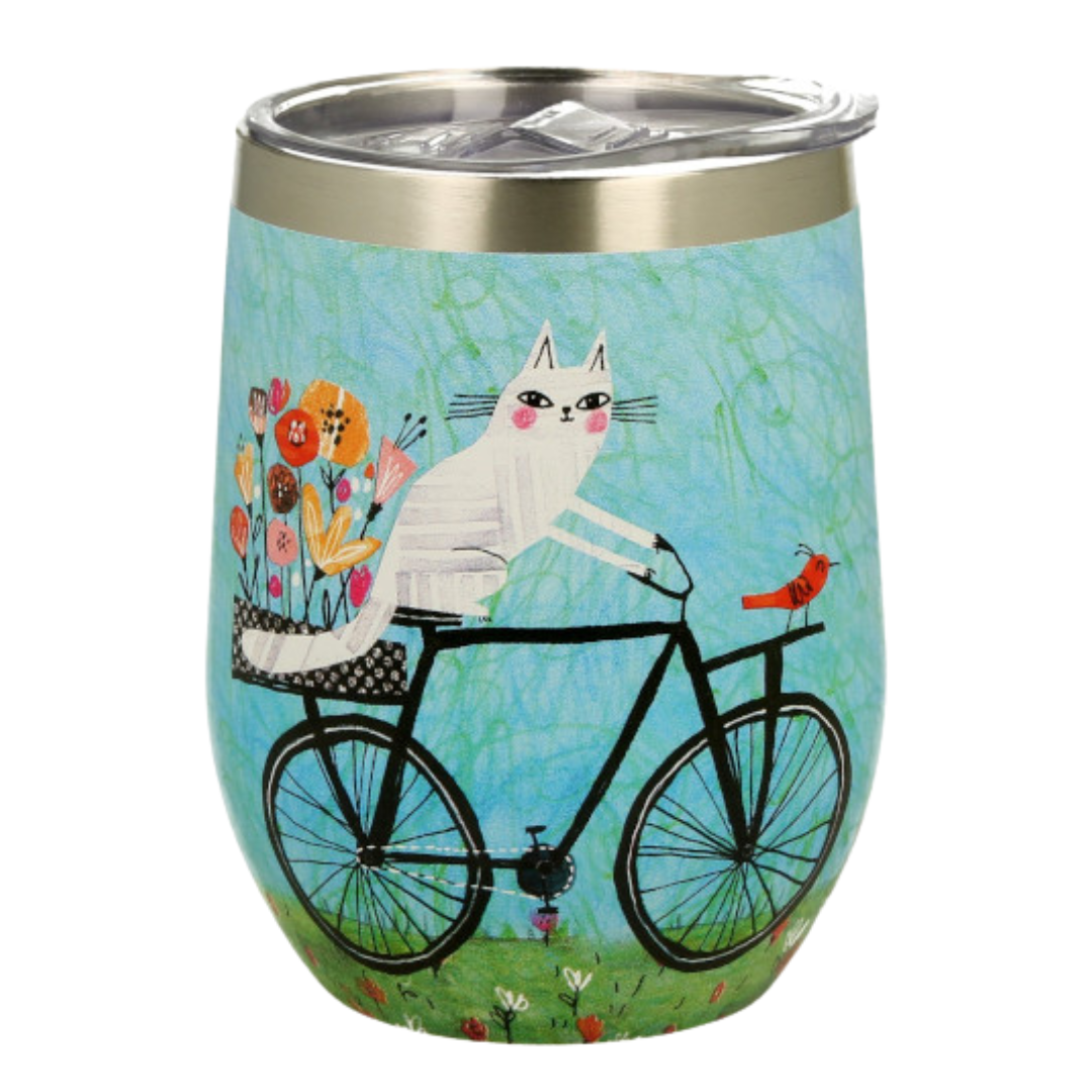 Vaso térmico 33cl con diseño de gato blanco en bicicleta negra sobre fondo azul y flores coloridas.